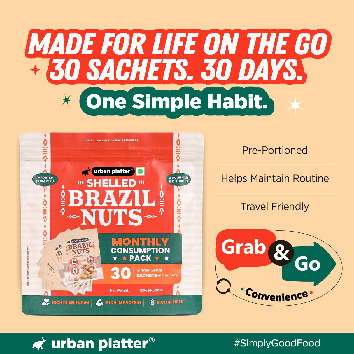 Urban Platter Brazil Nuts, 120g (Monthly Consumption Pack, Rich In Selenium, Have 1 Daily, 30 single serve brazil nut sachets)