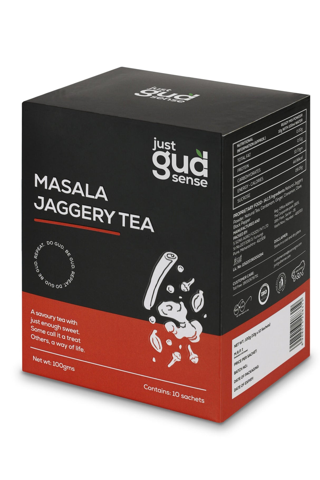 Just Gud Sense Masala Jaggery Tea Premix, 100g (10 sachets of 10 grams each)
