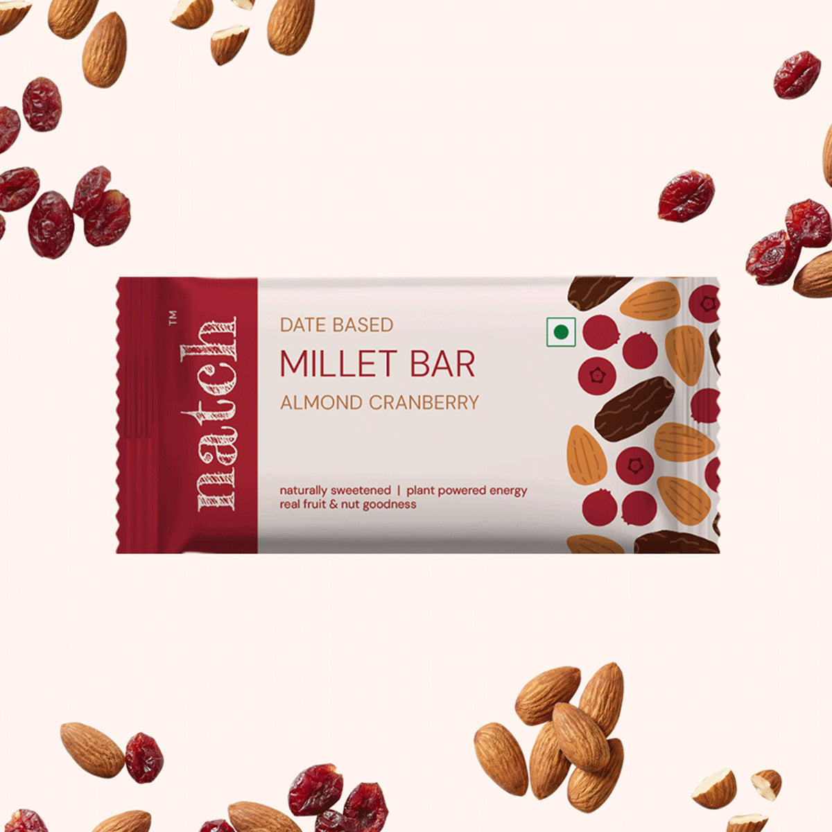 Almond Cranberry Millet Bar, 40g x 6 (Tasty Energy Bar, With 12g Protein | Made From Dates, Almonds, Cranberries, Almond Butter, Puffed Jowar Millets And Chia Seeds)