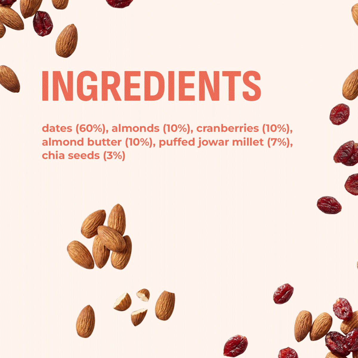 Almond Cranberry Millet Bar, 40g x 6 (Tasty Energy Bar, With 12g Protein | Made From Dates, Almonds, Cranberries, Almond Butter, Puffed Jowar Millets And Chia Seeds)