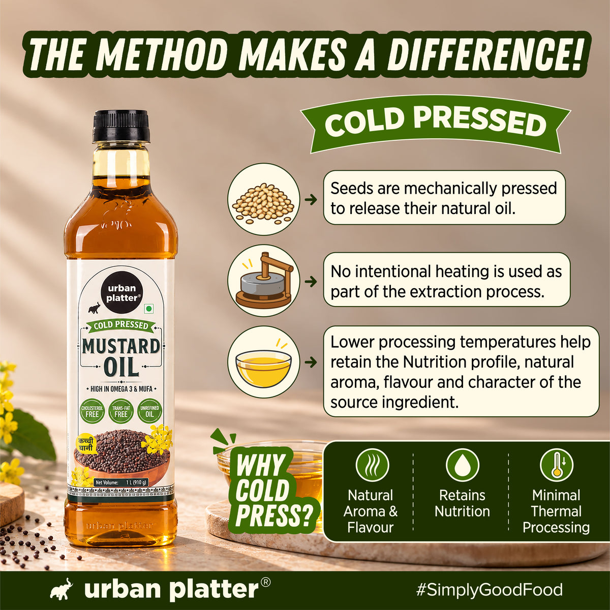 Mustard Oil, 1L (Unrefined Kacchi Ghaani Sarson Oil, High in Omega-3 & MUFA, Cholesterol Free & Trans-Fat Free | Indian Cooking Oil)