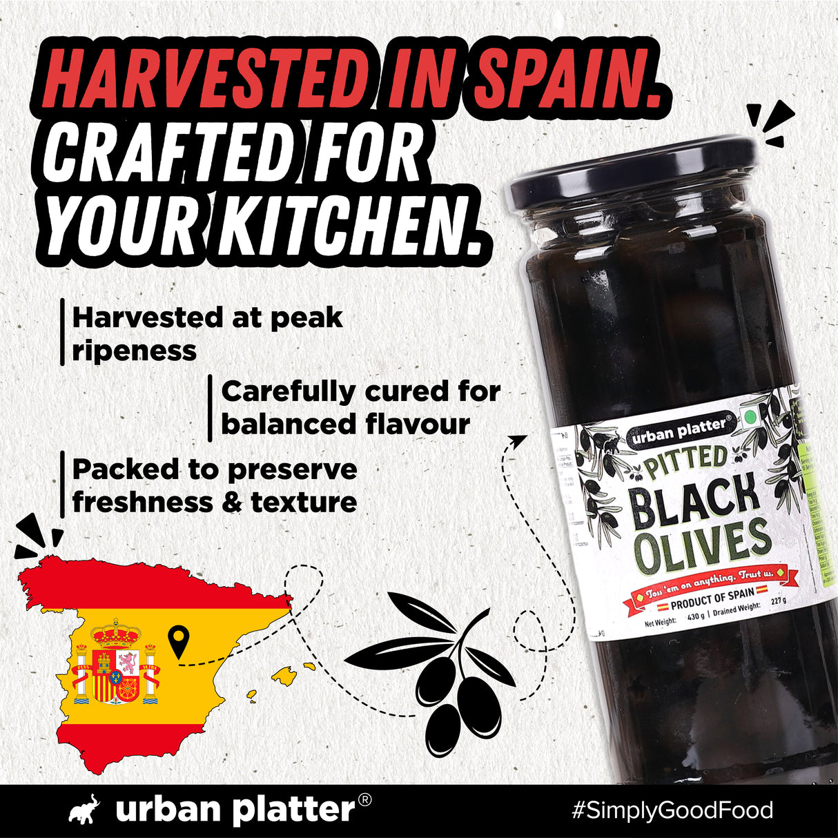 Urban Platter Pitted Black Spanish Olives, 430g (Whole & Seedless | Rich Mediterranean Taste | Ideal for Pizzas, Salads, Pasta & Snacking)
