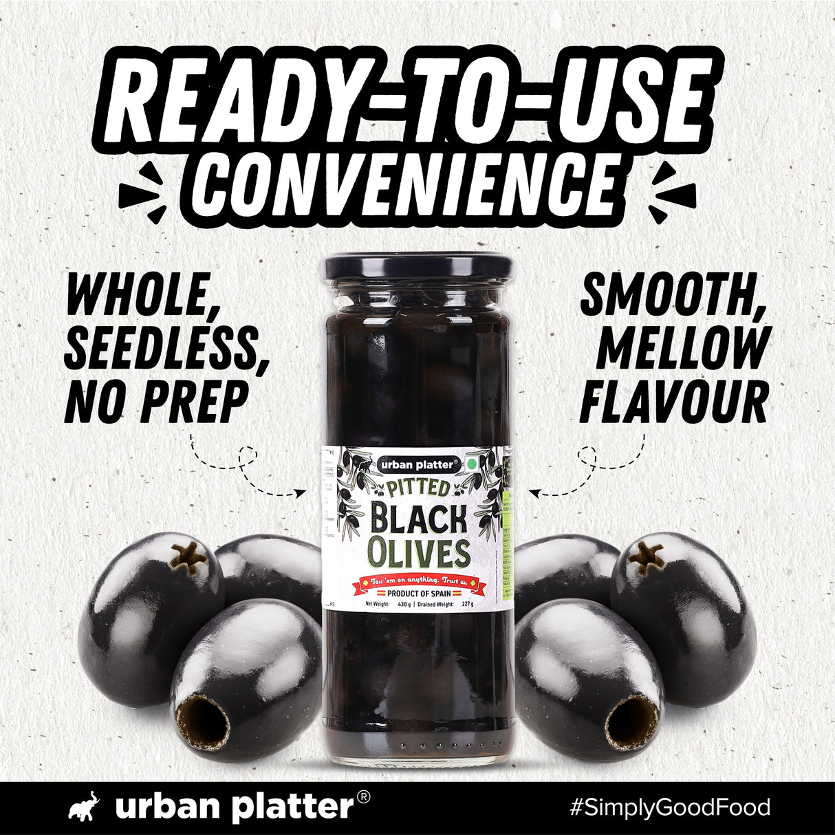 Urban Platter Pitted Black Spanish Olives, 430g (Whole & Seedless | Rich Mediterranean Taste | Ideal for Pizzas, Salads, Pasta & Snacking)