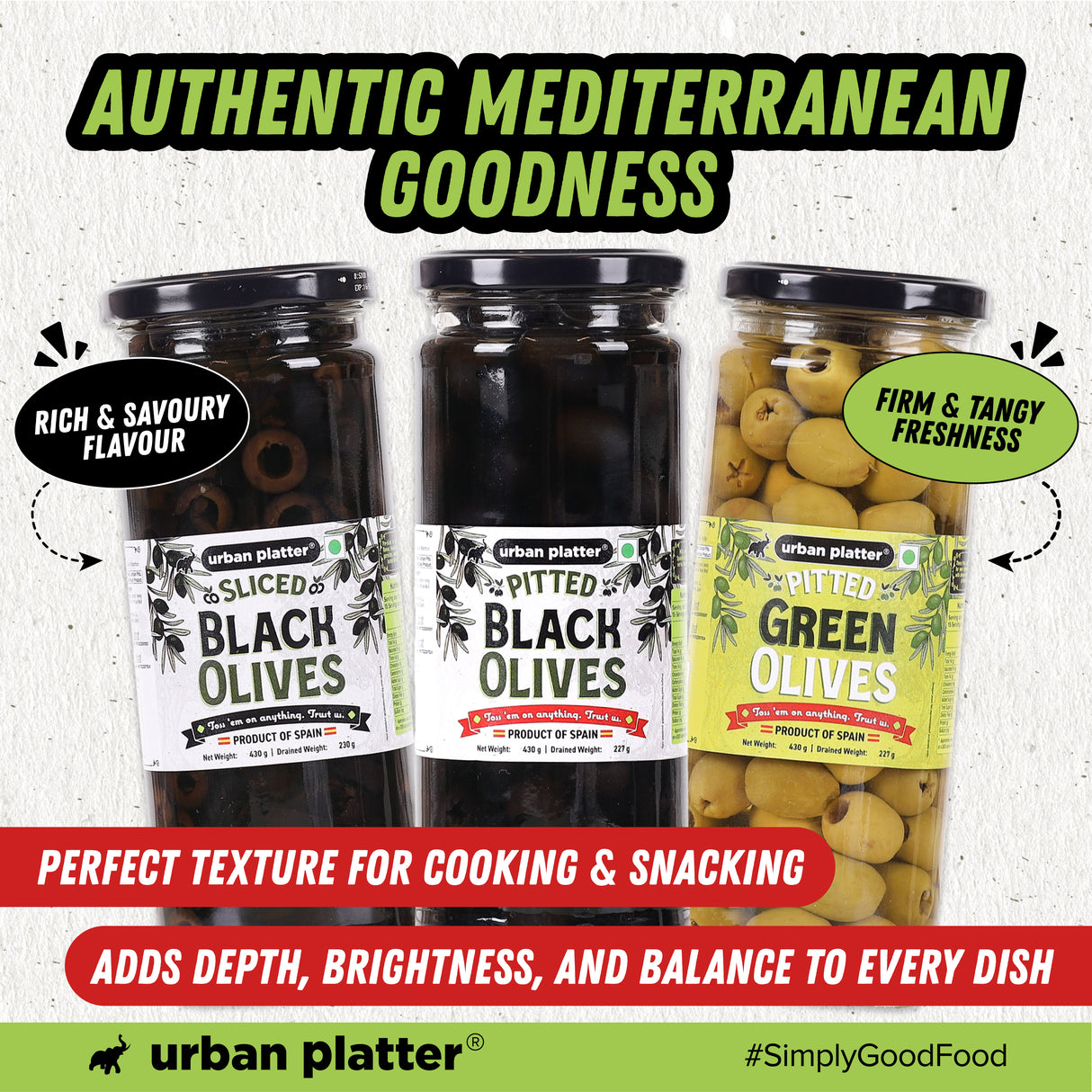 Urban Platter Pitted Green Spanish Olives, 430g (Whole & Seedless | Crisp & Tangy Mediterranean Flavour | Great for Salads, Mezze, Sandwiches & Snacking)