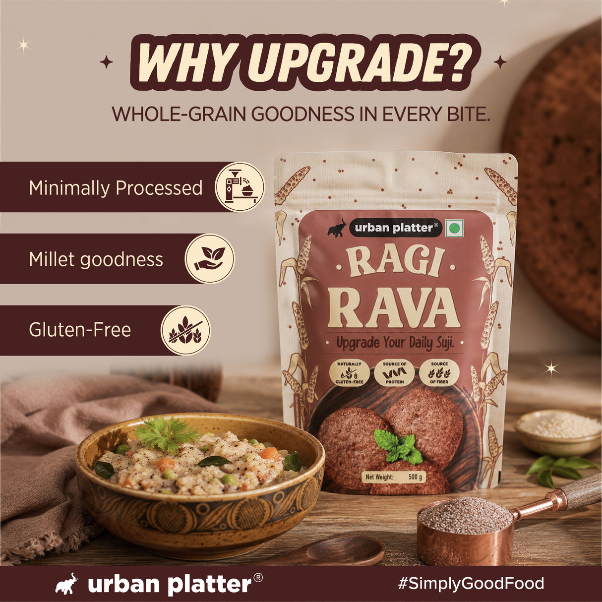 Ragi Rava, 500g (Naturally Gluten-free | Source of Protein & Fibre | A Smart Swap for Regular Sooji | Perfect for Upma, Khichdi, Idli, Dosa, Halwa, & More)