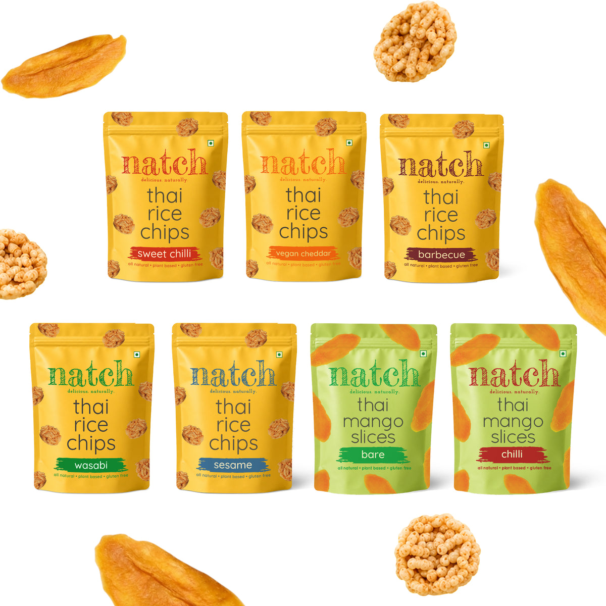 Assorted Combo Pack Of 7 (Thai Rice Chips And Thai Mango Slices), 25g x 5, 60g x 2 (Imported from Thailand | No Palm Oil, Tasty Snacks, Sun Dried Mango Slices)