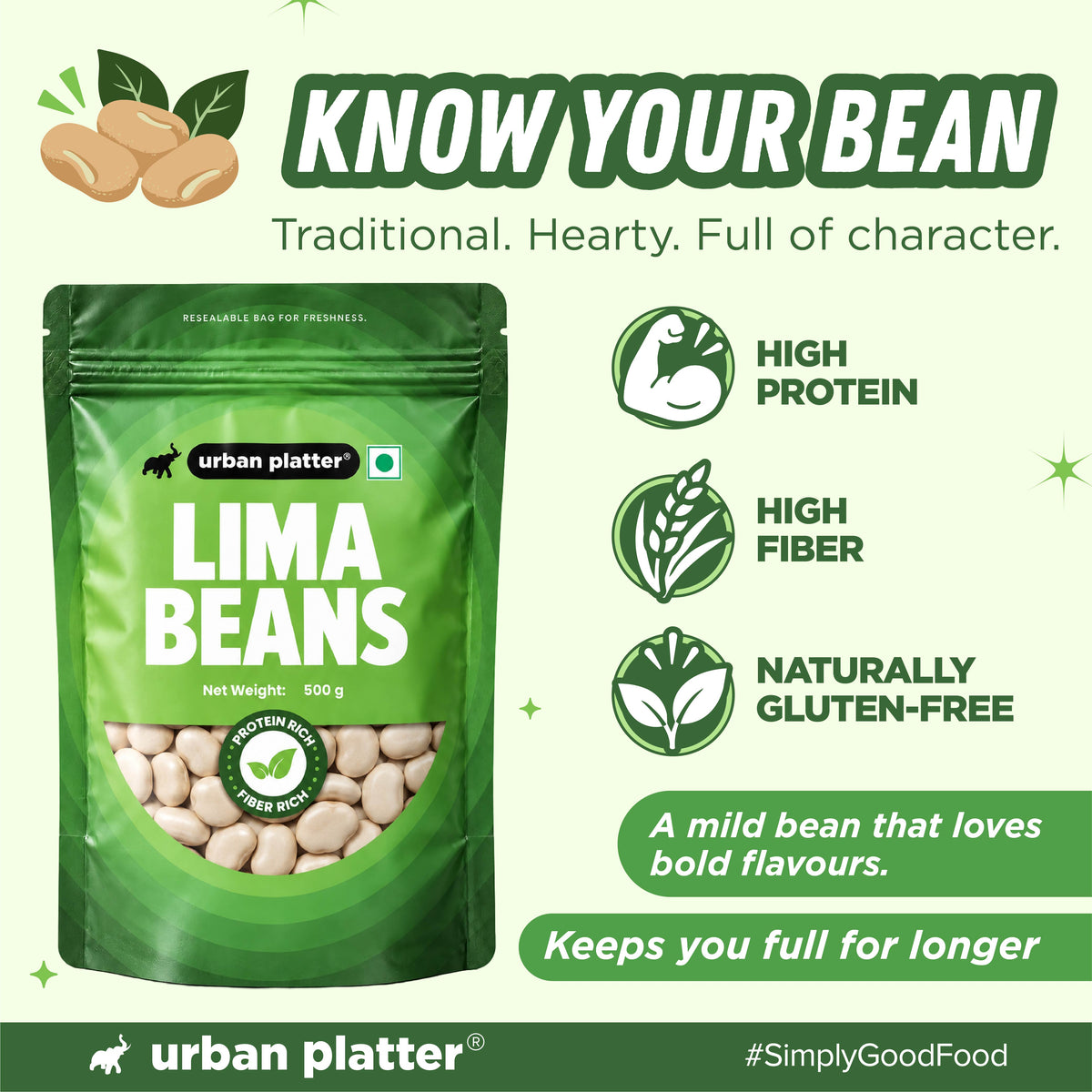 Lima Beans, 500g (Butter Beans | 20g Protein | 18g Fiber | Nourishing whole beans for Gravies, Curries, Bowls, & Salads)