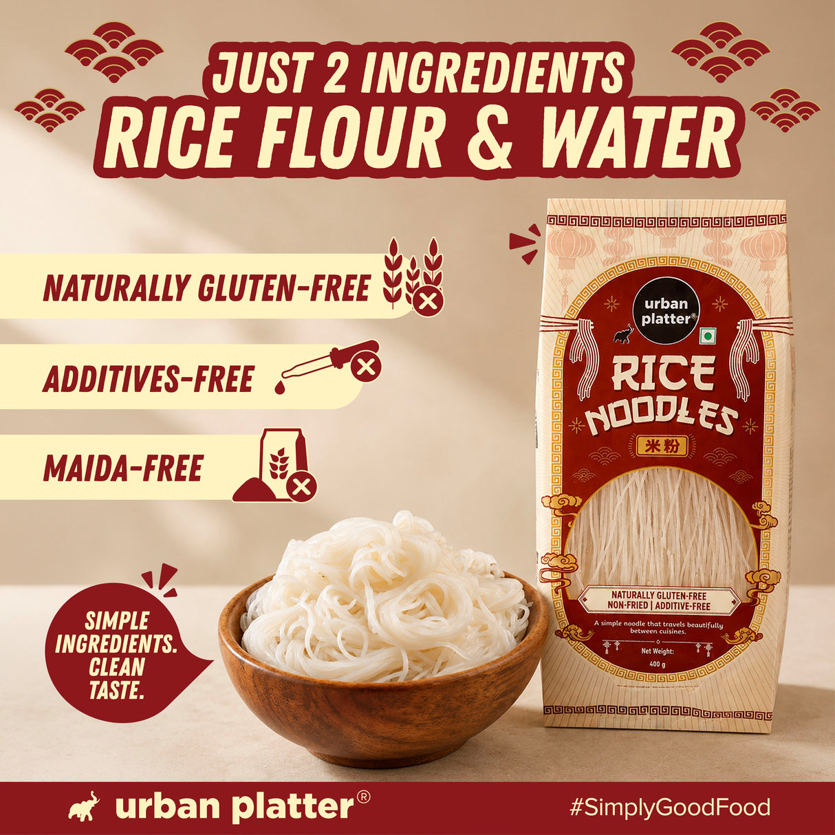 Urban Platter Rice Noodles, 400g (Naturally Gluten Free, Made with Rice Flour, No Additives, Perfect for all Pan Asian Cooking)