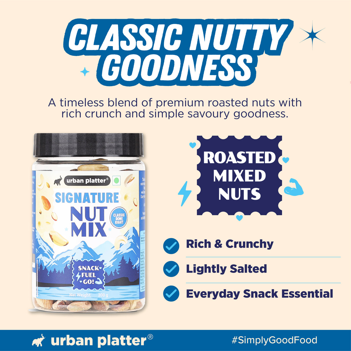 Urban Platter Signature Nut Mix, 200g (Roasted & Salted Nut Mix | 18% Protein | Ready to eat Snack)