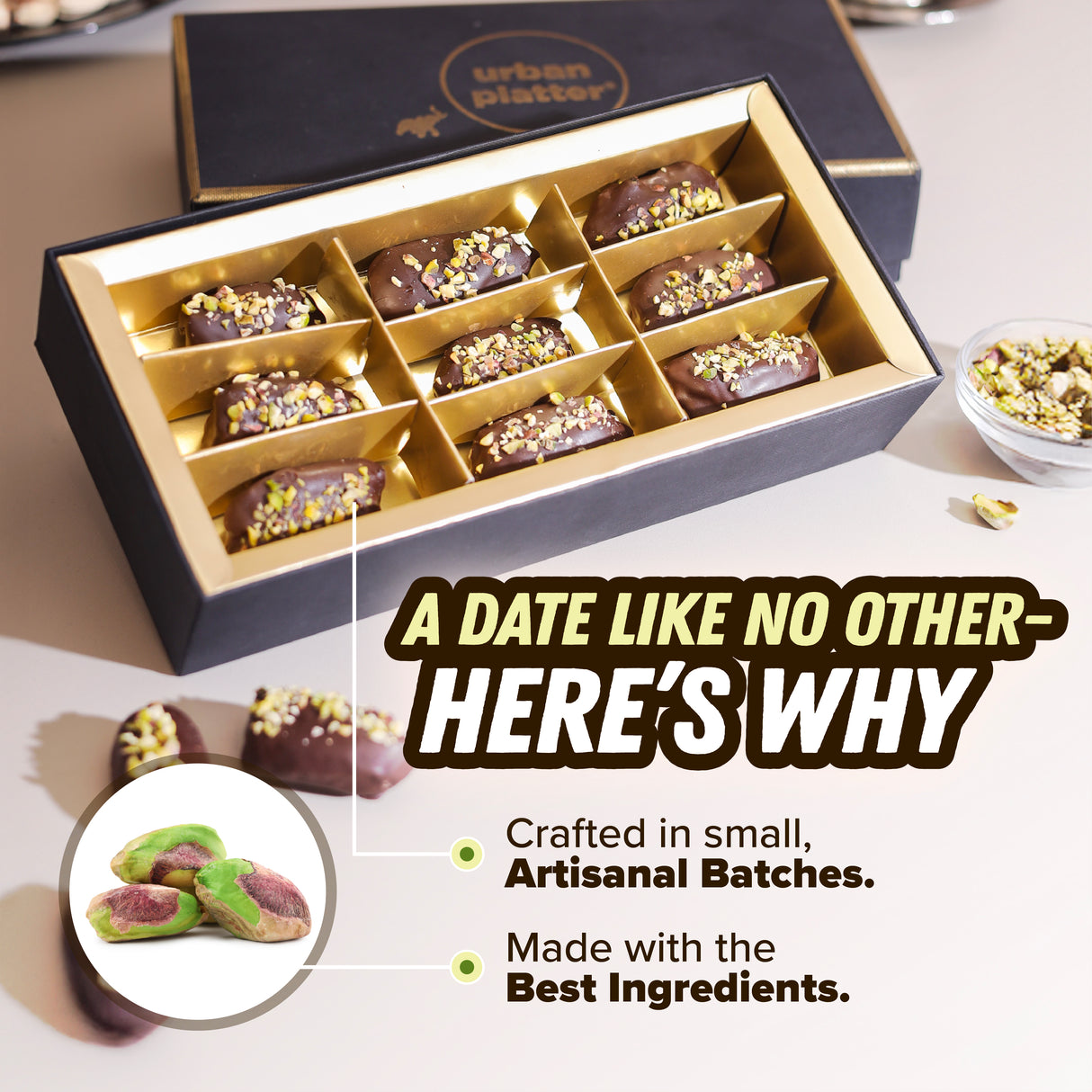Urban Platter Stuffed Dates - Pistachio Kunafa Delight (Dark Chocolate Coated | Filled with Rich Pistachio Butter & Kataifi | Plant-Based | Preservative-Free | Box of 9 Gourmet Dates)