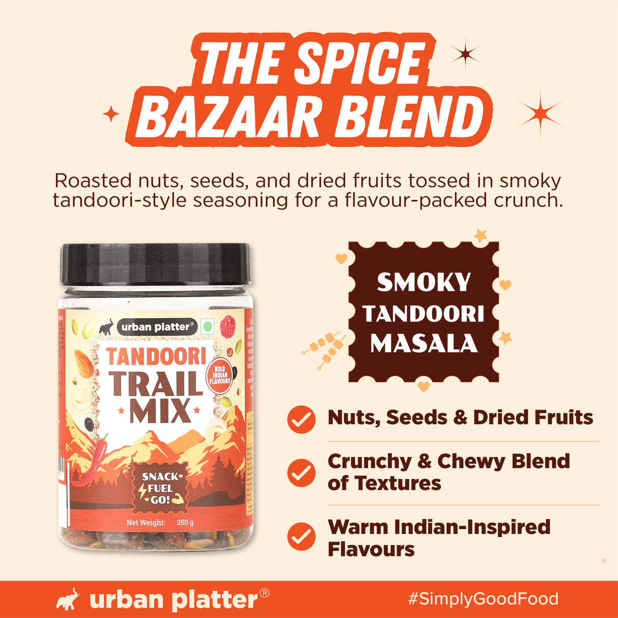 Urban Platter Tandoori Tikka Trail Mix, 250g (Spiced Nuts, Seeds & Dried Fruits | Bold Indian Flavour | Crunchy Savoury Snack)