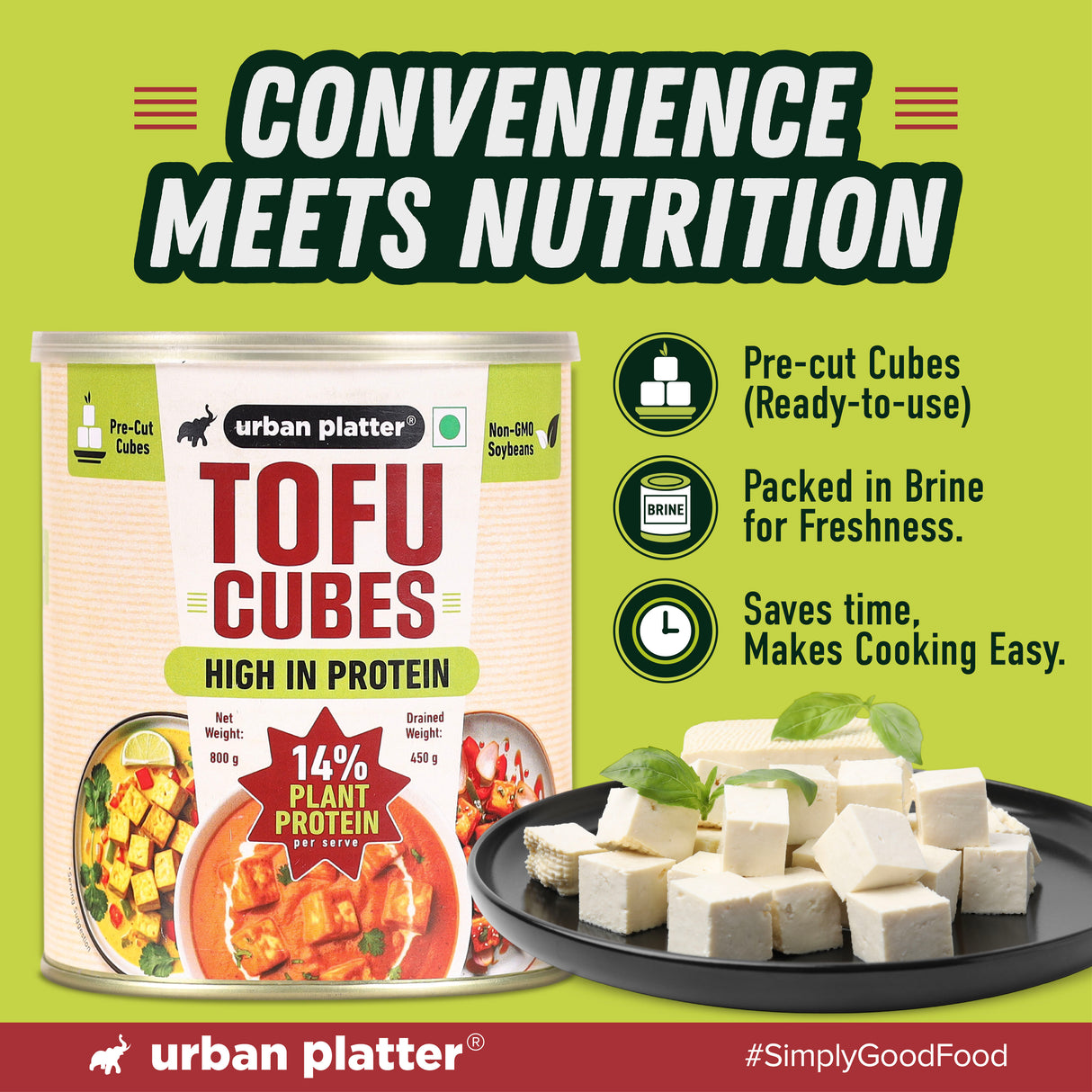 Tofu Cubes, 800g (Drained Weight - 450g | Firm Tofu in Brine | 14% Plant Protein | Pre-Cut Cubes for Stir-Fries, Curries, Salads & Soups )