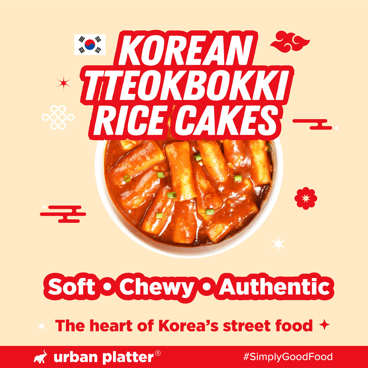 Urban Platter Classic Korean Tteokbokki Rice Cakes, 400g (200g x 2N | Soft & Chewy Garaetteok | Ready to Cook K-Drama Food | No Preservatives)