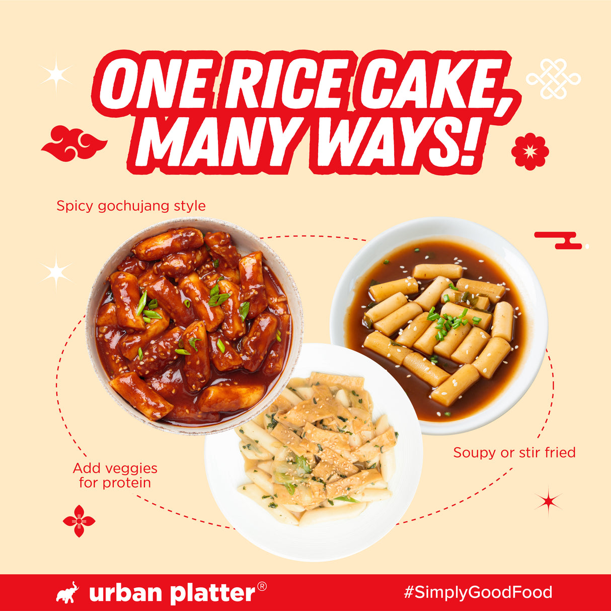 Urban Platter Classic Korean Tteokbokki Rice Cakes, 400g (200g x 2N | Soft & Chewy Garaetteok | Ready to Cook K-Drama Food | No Preservatives)