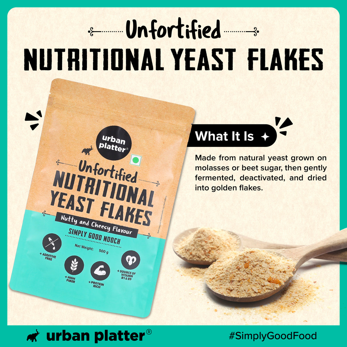 Urban Platter Unfortified Nutritional Yeast Flakes, 500 g (Plant Based | Nutty and Cheesy | Nooch)