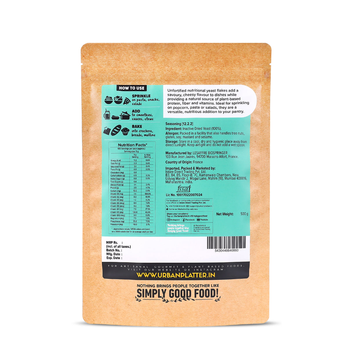 Urban Platter Unfortified Nutritional Yeast Flakes, 500 g (Plant Based | Nutty and Cheesy | Nooch)