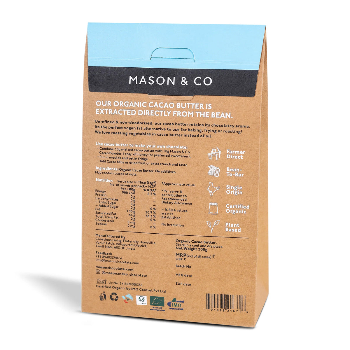 Non-Deodorised Organic Cacao Butter, 200g (Organic Cacao, Gluten Free, Soy Free, Plant-based)