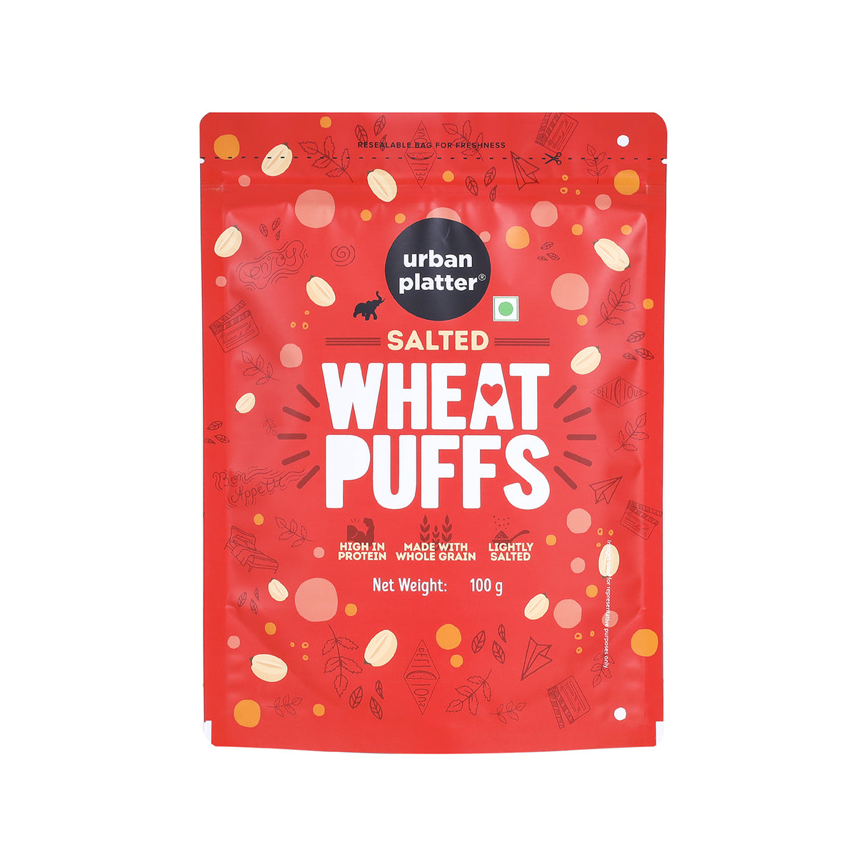 Urban Platter Salted Wheat Puff, 100g (Made from Whole Grain, High in Protein, Lightly Salted, Oil Free, Kid Friendly)