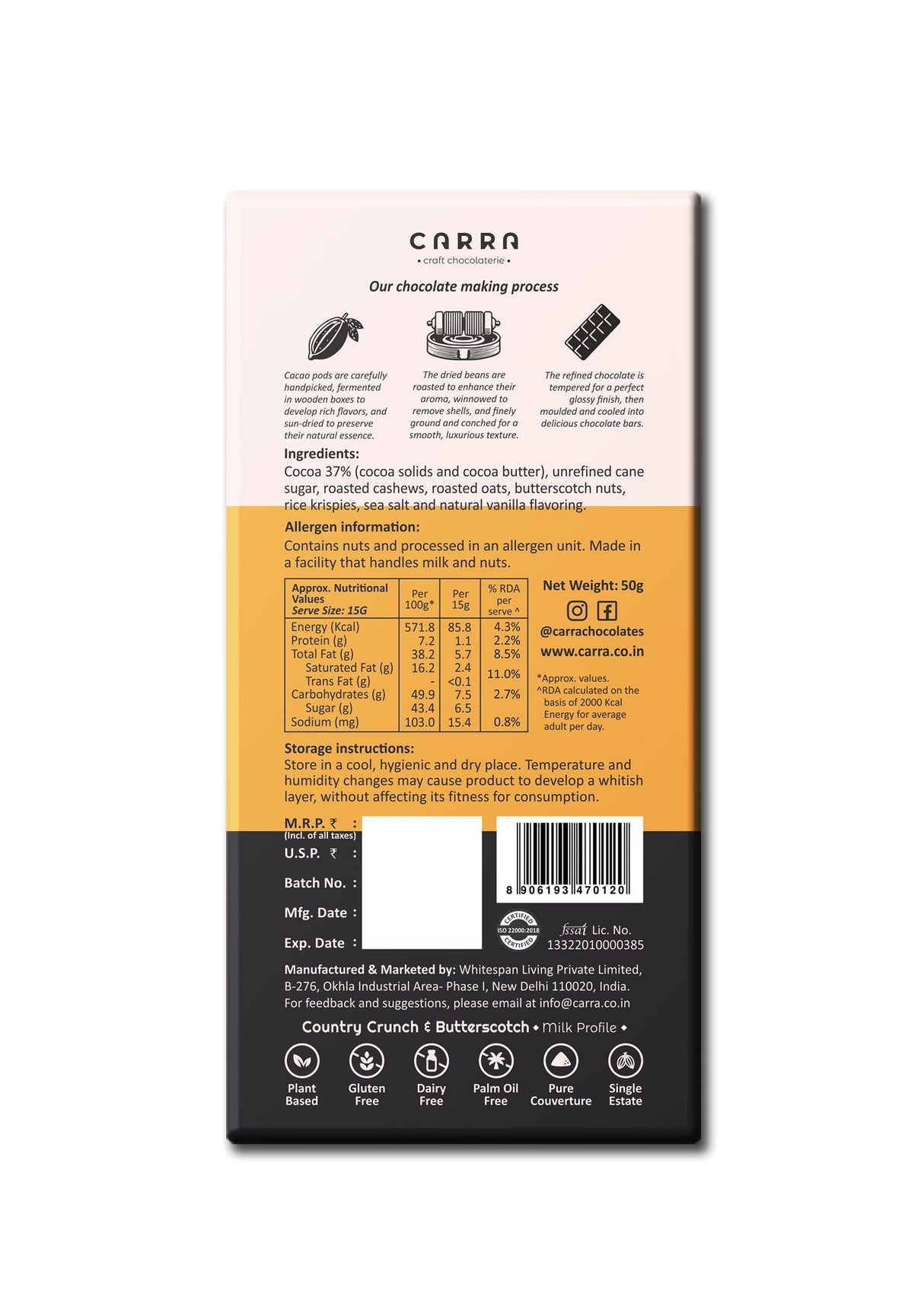 Carra Country Crunch & Butterscotch Milk Chocolate Bar, 50g