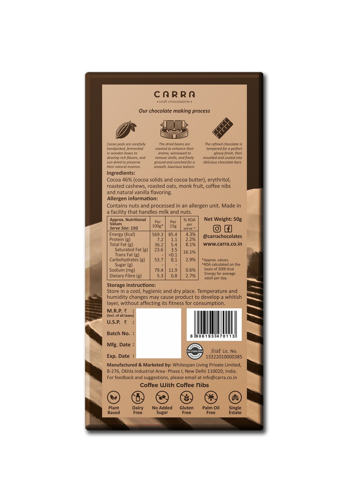 Carra Sugar Free Coffee with coffee nibs Milk Chocolate Bar, 50g