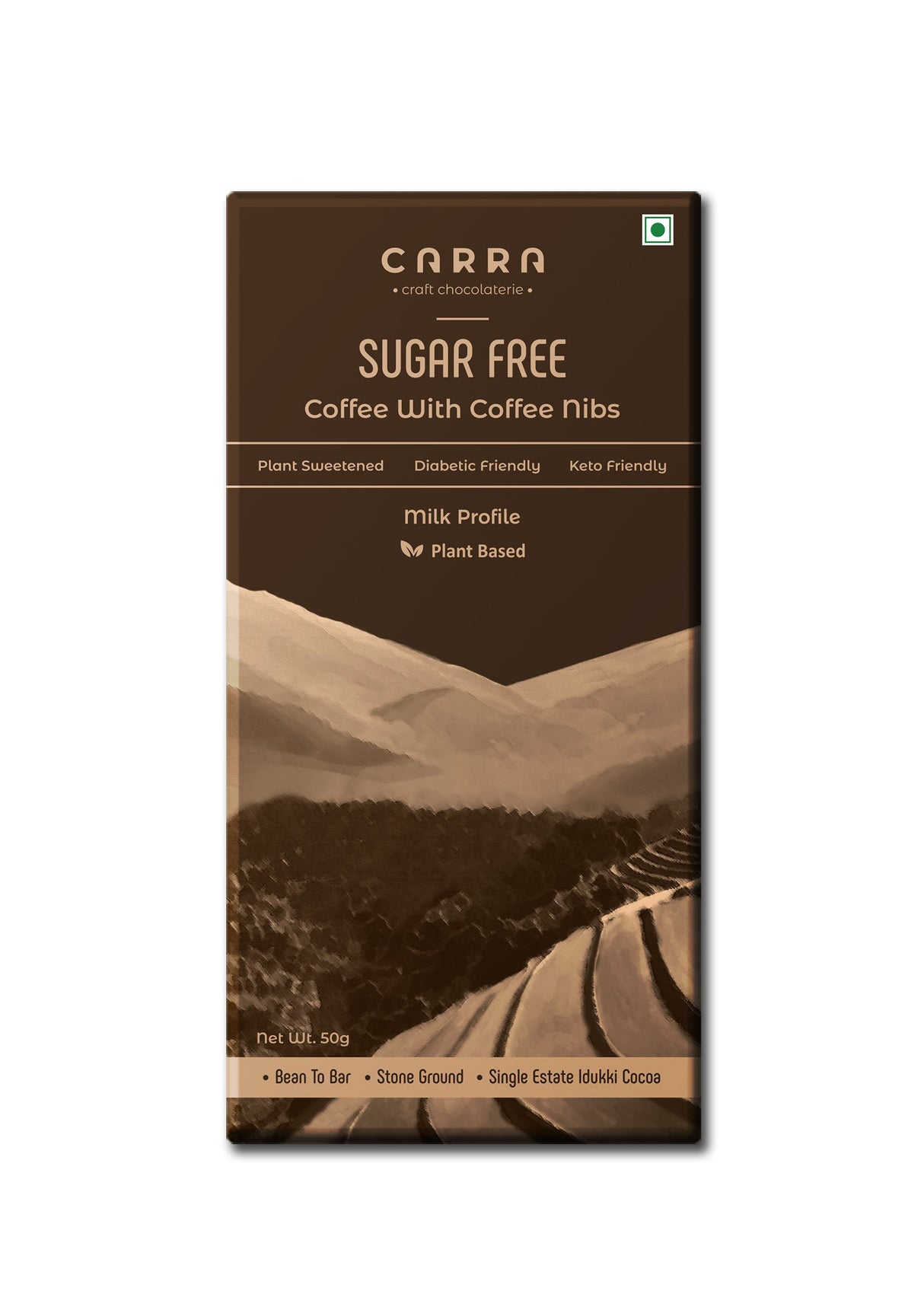 Carra Sugar Free Coffee with coffee nibs Milk Chocolate Bar, 50g