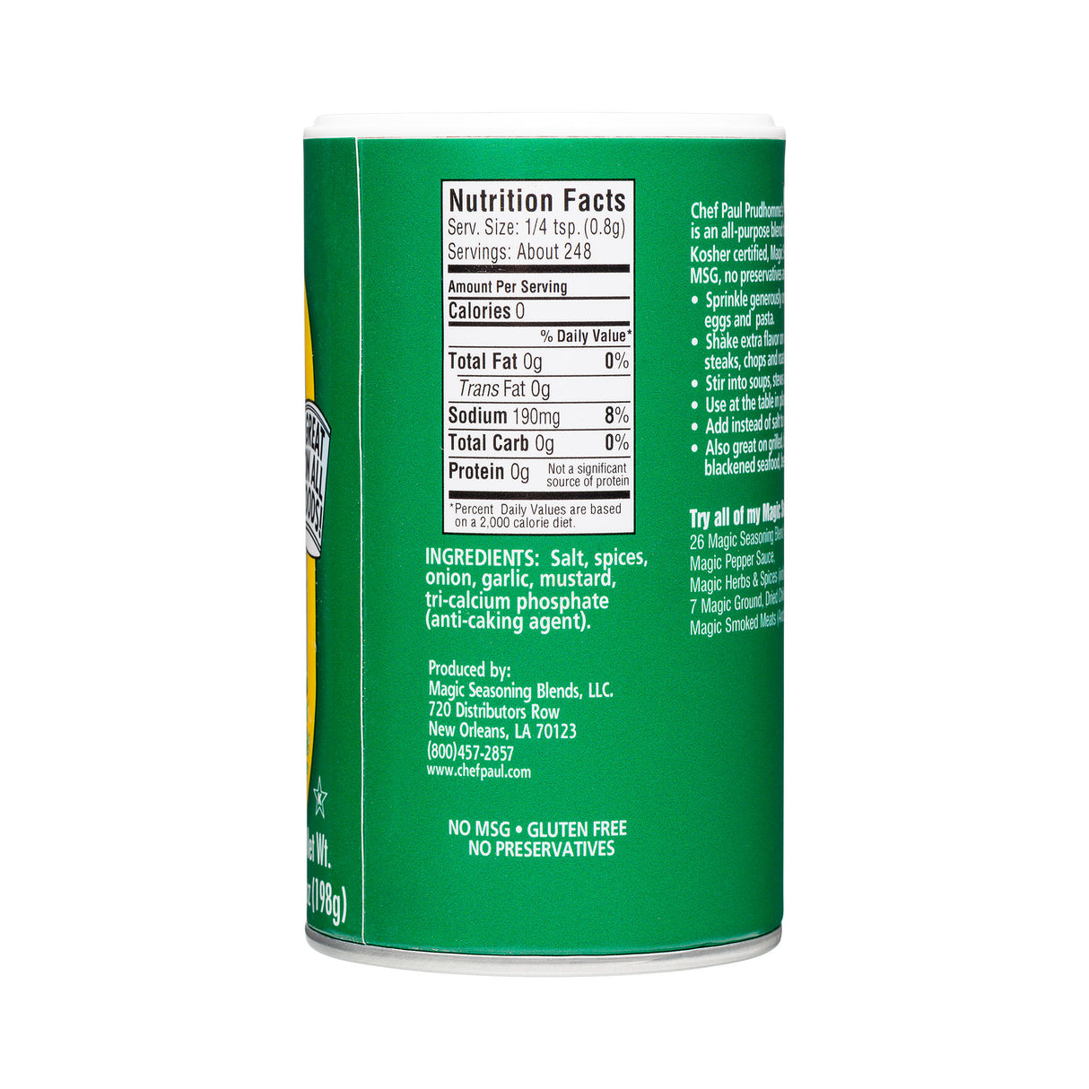 Chef Paul Prudhomme Magic Seasoning Salt, 198g (All-Purpose Savory Seasoning Blend, NO MSG, NO Preservatives, Gluten Free)