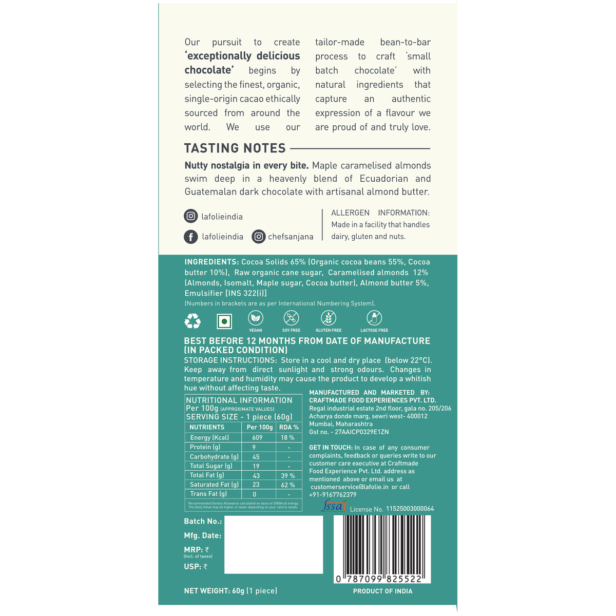 65% Maple & Chunky Almond Butter Chocolate Bar, 60g