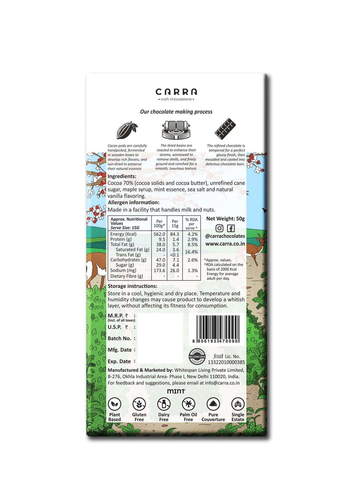 Carra 70% Mint Dark Chocolate Bar, 50g
