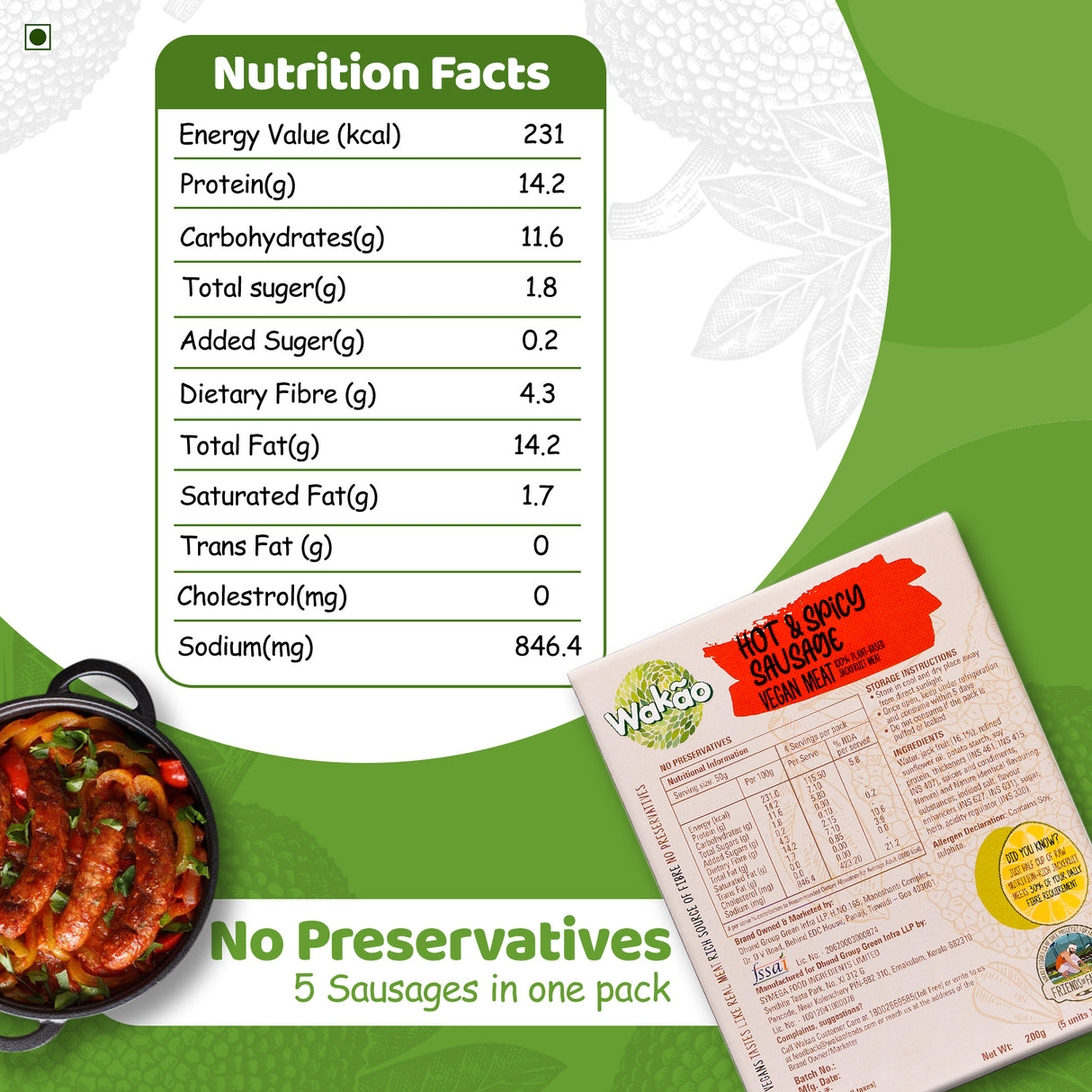 Wakao Hot & Spicy Sausage, 200g (100% Plant based , Ready to cook,Heat & Eat, Tender Jackfruit Sausages)