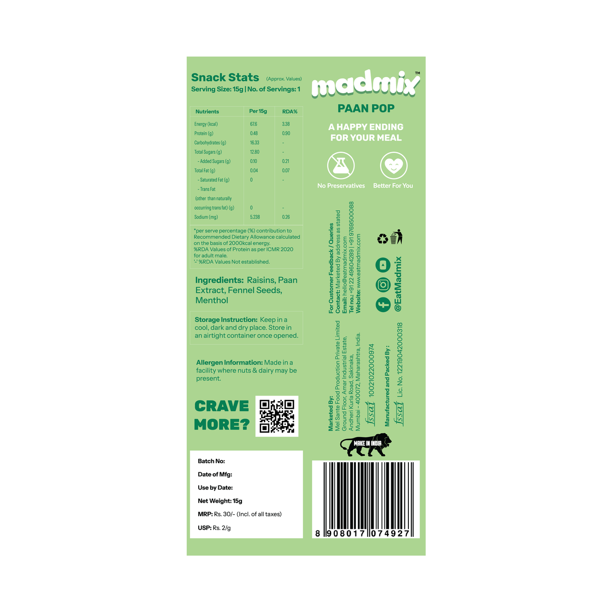 Madmix Paan Flavoured Raisins, 15g