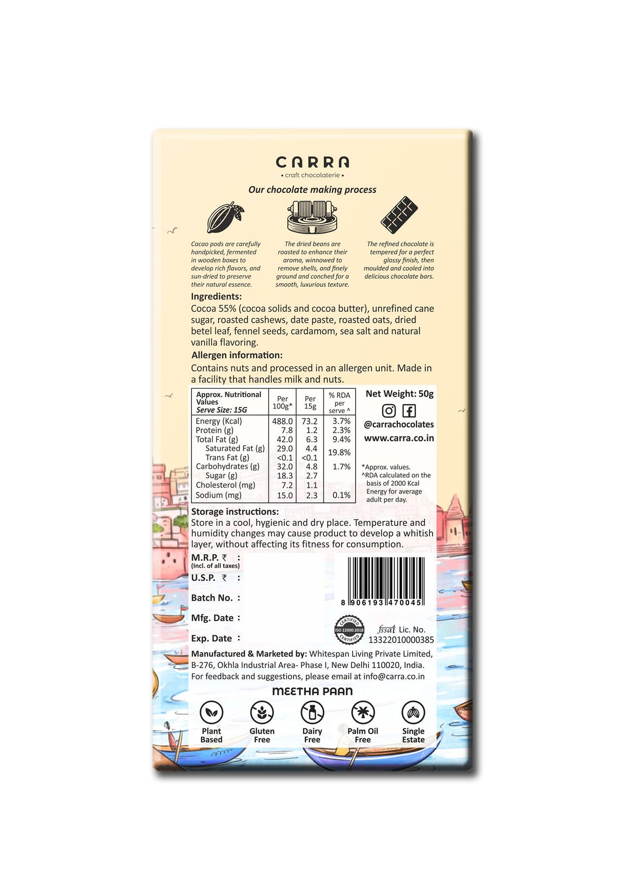 Carra 55% Meetha Paan Dark Idukki Chocolate Bar, 50g