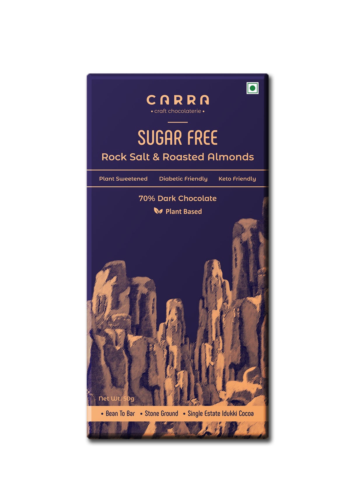 Carra 70% Sugar Free Rock Salt & Roasted Almonds Dark Chocolate Bar, 50g
