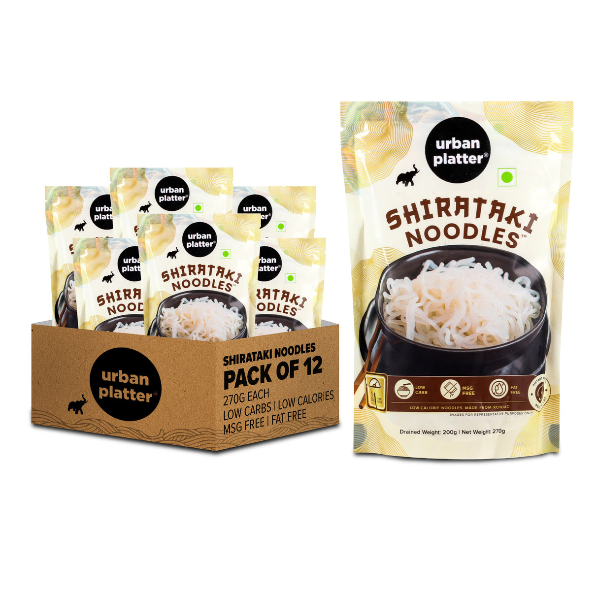 Urban Platter Shirataki Konjac Noodles, 270g, Pack of 12 (Fat-Free, Gluten-Free, Low Carb, Ready to Use) - front pack