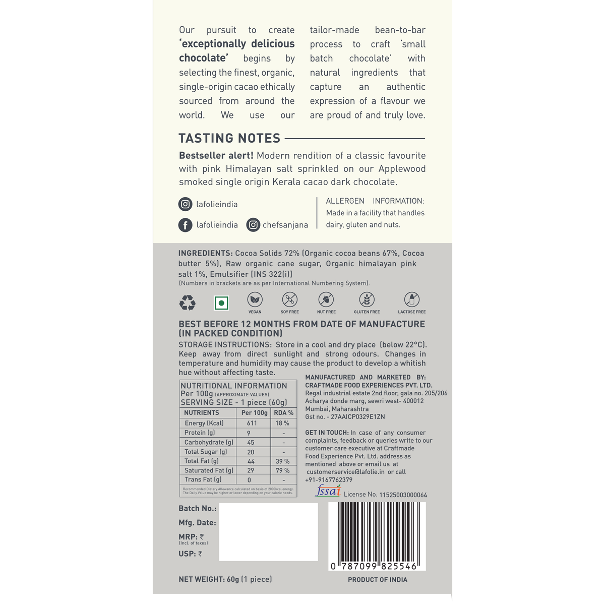 72% Smoked Pink Himalayan Salt Chocolate Bar, 60g