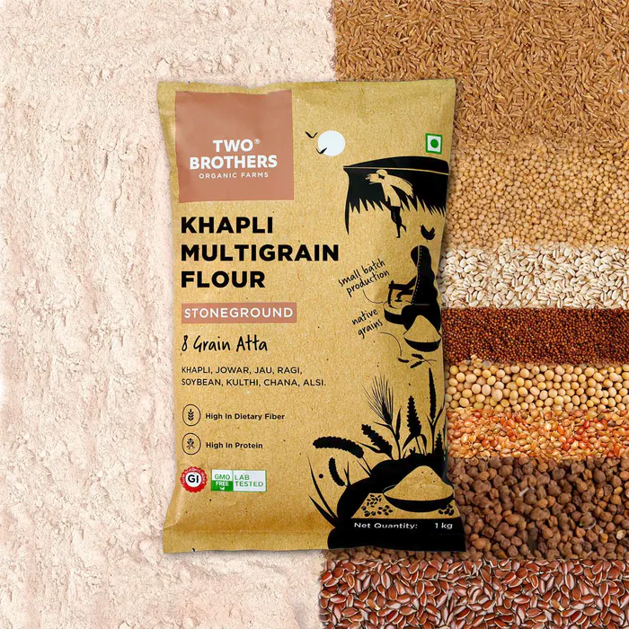 Two Brothers Organic Farms Khapli Multigrain Atta, 1kg (8 Super Grains Flour Mix, Diabetic Friendly, High Fibre & High Protein, Low GI Atta, Khapli, Jowar, Jau, Ragi, Soybean, Kulthi, Chana, Alsi)