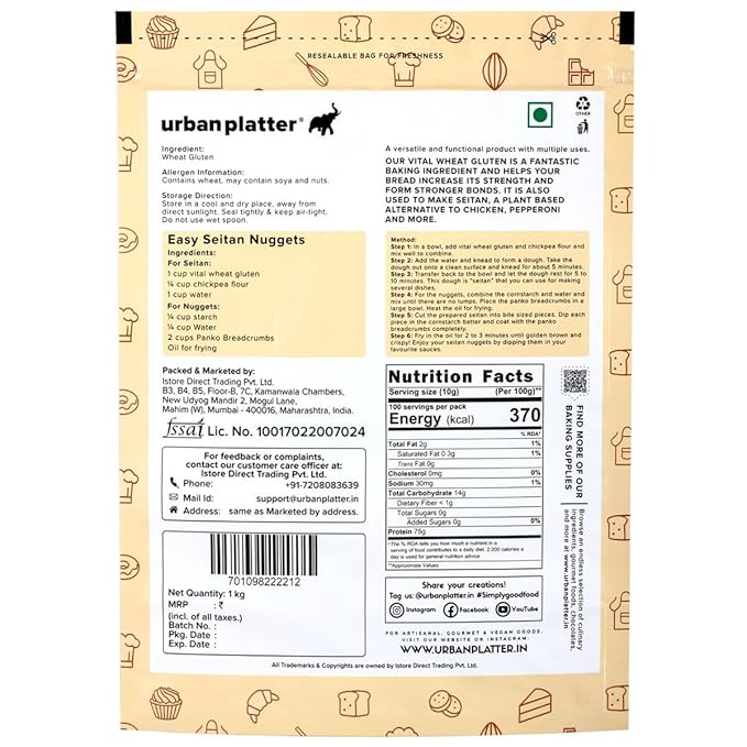 Urban Platter Vital Wheat Gluten, 1kg (High-Protein Baking Essential | Key Ingredient for Seitan | Adds Elasticity & Structure | Ideal for Breads)
