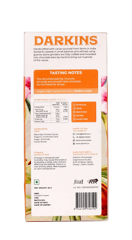 Darkins 70% Dark Chocolate with Roasted Almonds, 50g