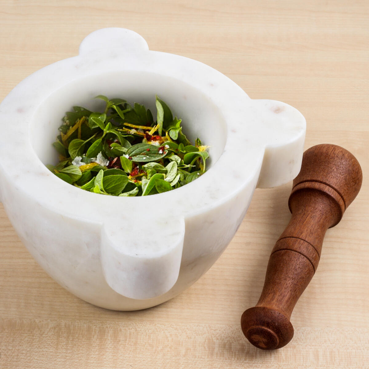 Urban Platter Handmade Italian Style White Marble Mortar with Beechwood Pestle Vintage Design (Height: 4inch, Width:7inch)