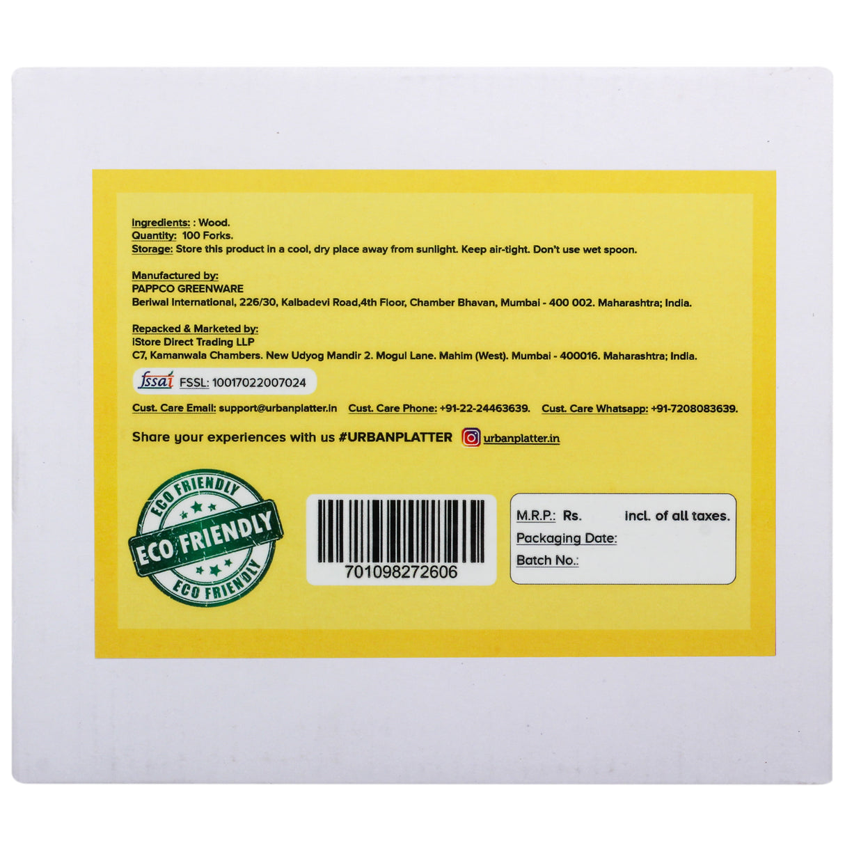 Urban Platter Eco-Friendly Wooden Disposable Forks, [Pack of 100, Food-Grade and Made with Bagasse]