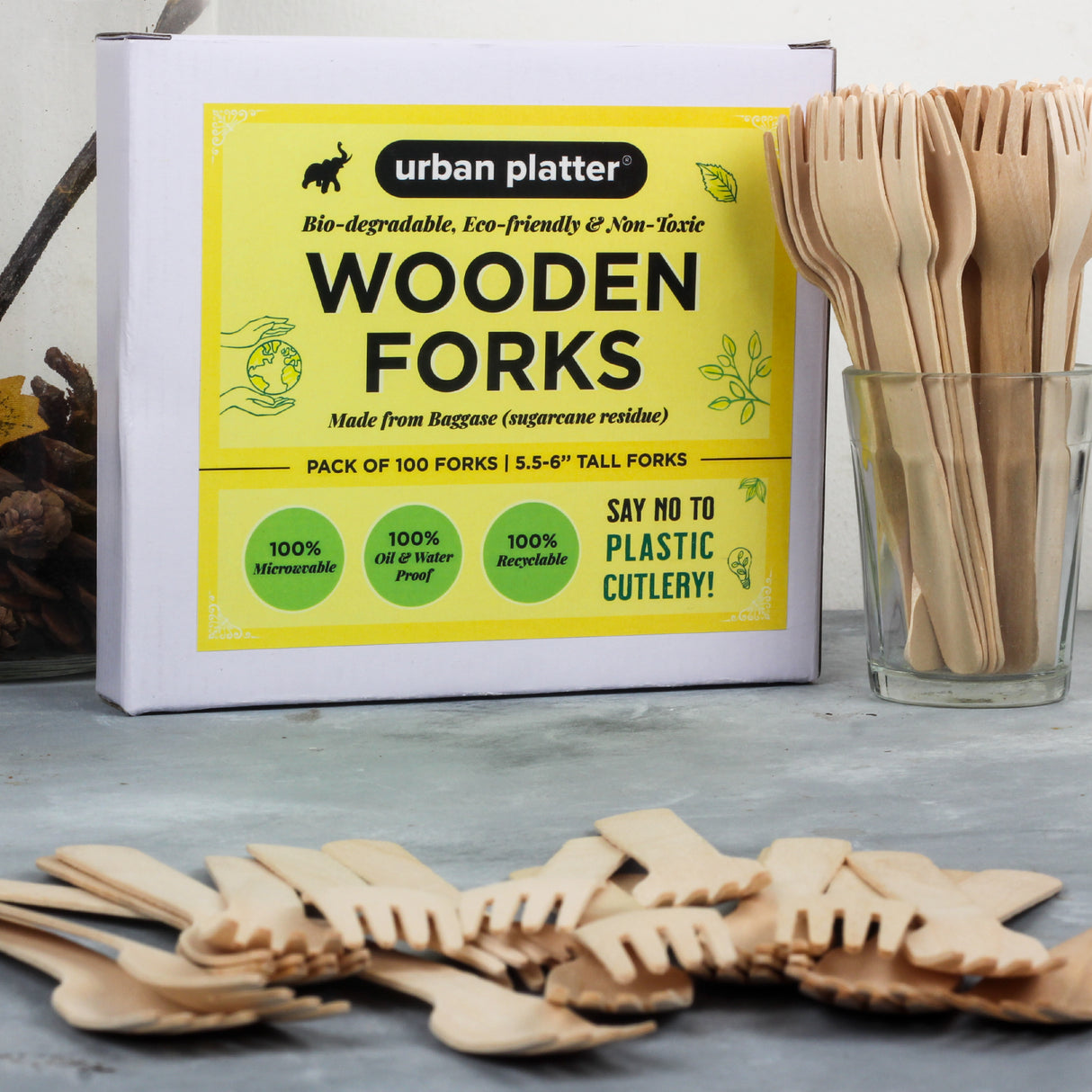Urban Platter Eco-Friendly Wooden Disposable Forks, [Pack of 100, Food-Grade and Made with Bagasse]