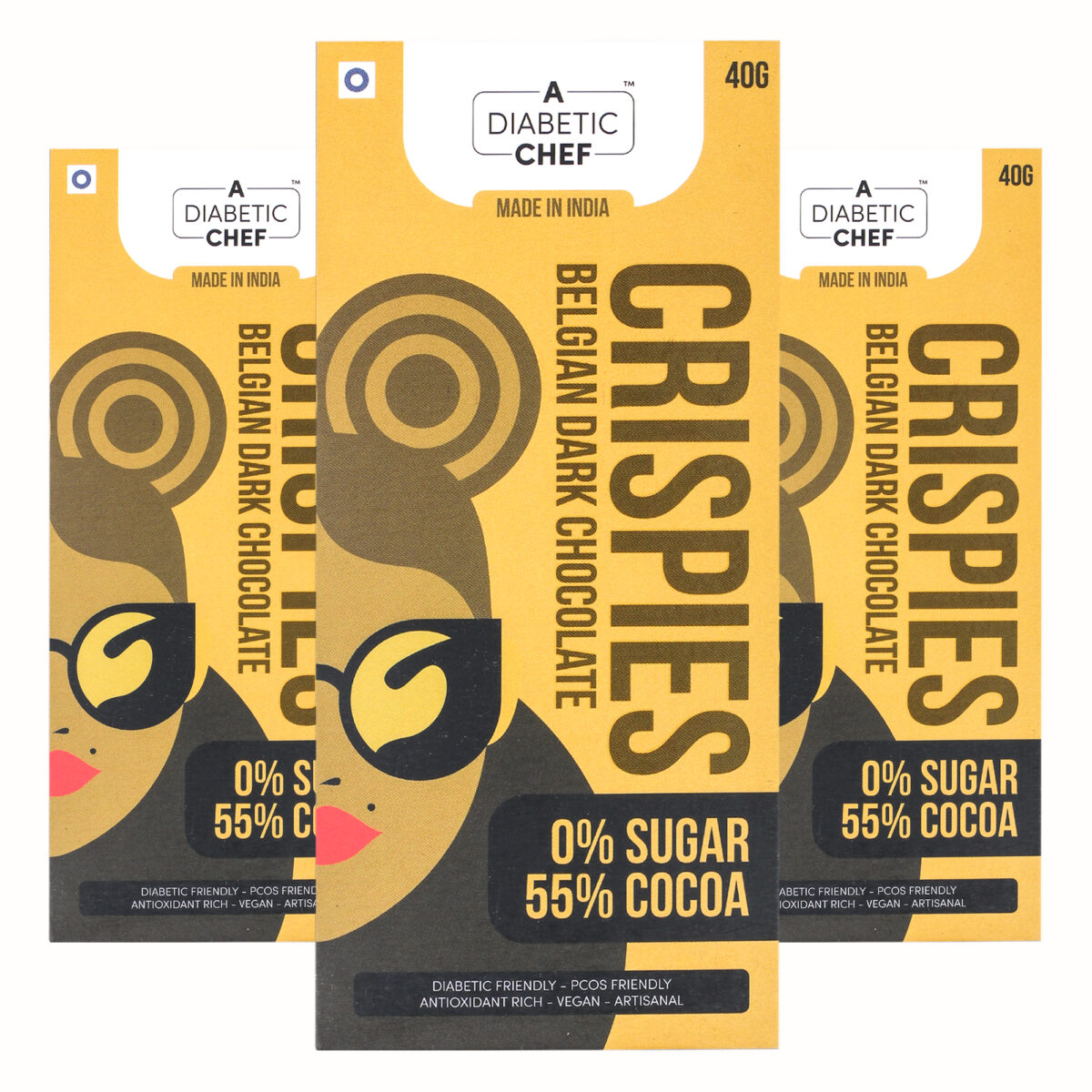 A Diabetic Chef Crispies Belgian 55% Vegan Dark Chocolate, 40g [Pack of 3, Diabetic Friendly, 0% Sugar]