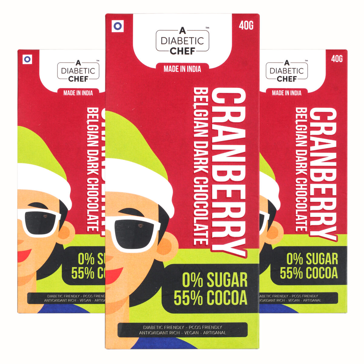 A Diabetic Chef Cranberry Belgian 55% Vegan Dark Chocolate, 40g [Pack of 3, Diabetic Friendly, 0% Sugar]