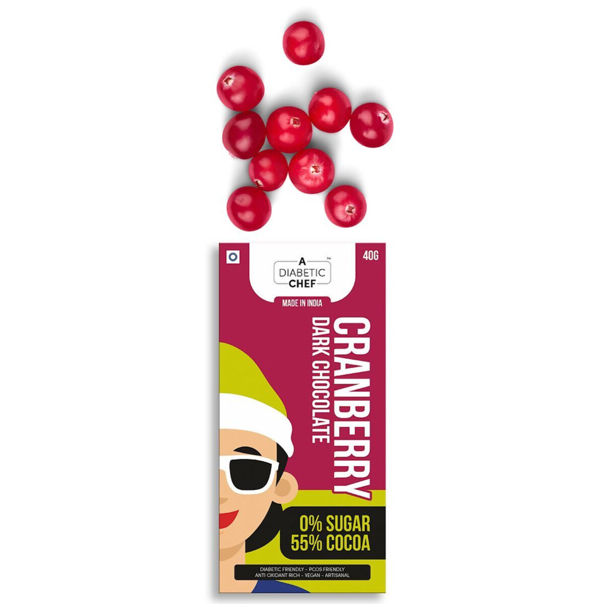 A Diabetic Chef Cranberry Belgian 55% Vegan Dark Chocolate, 40g [Pack of 3, Diabetic Friendly, 0% Sugar]