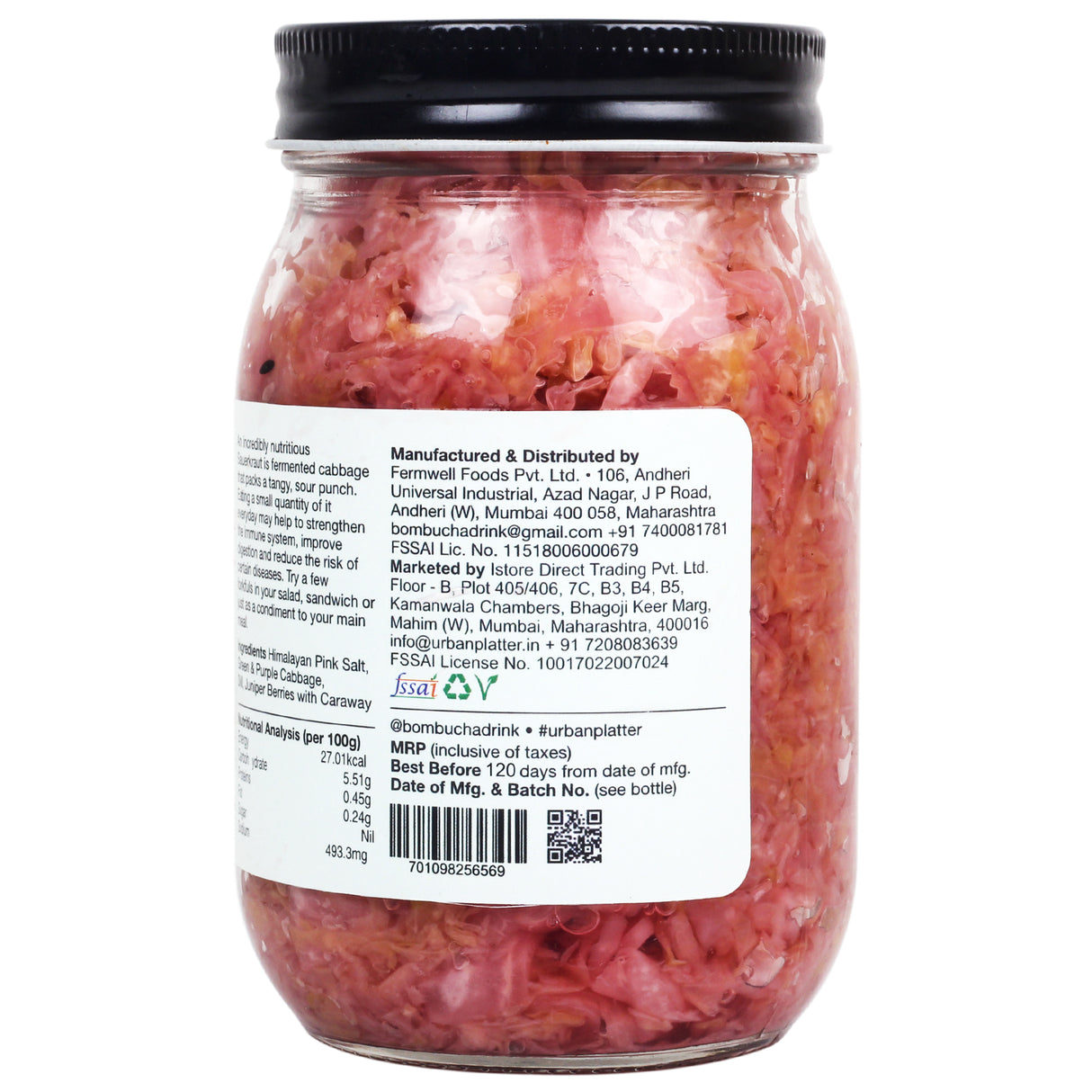 Urban Platter Sauerkraut Original Pickled Probiotic Cabbage, 450g (Raw, Organic | Powered by Bombucha)