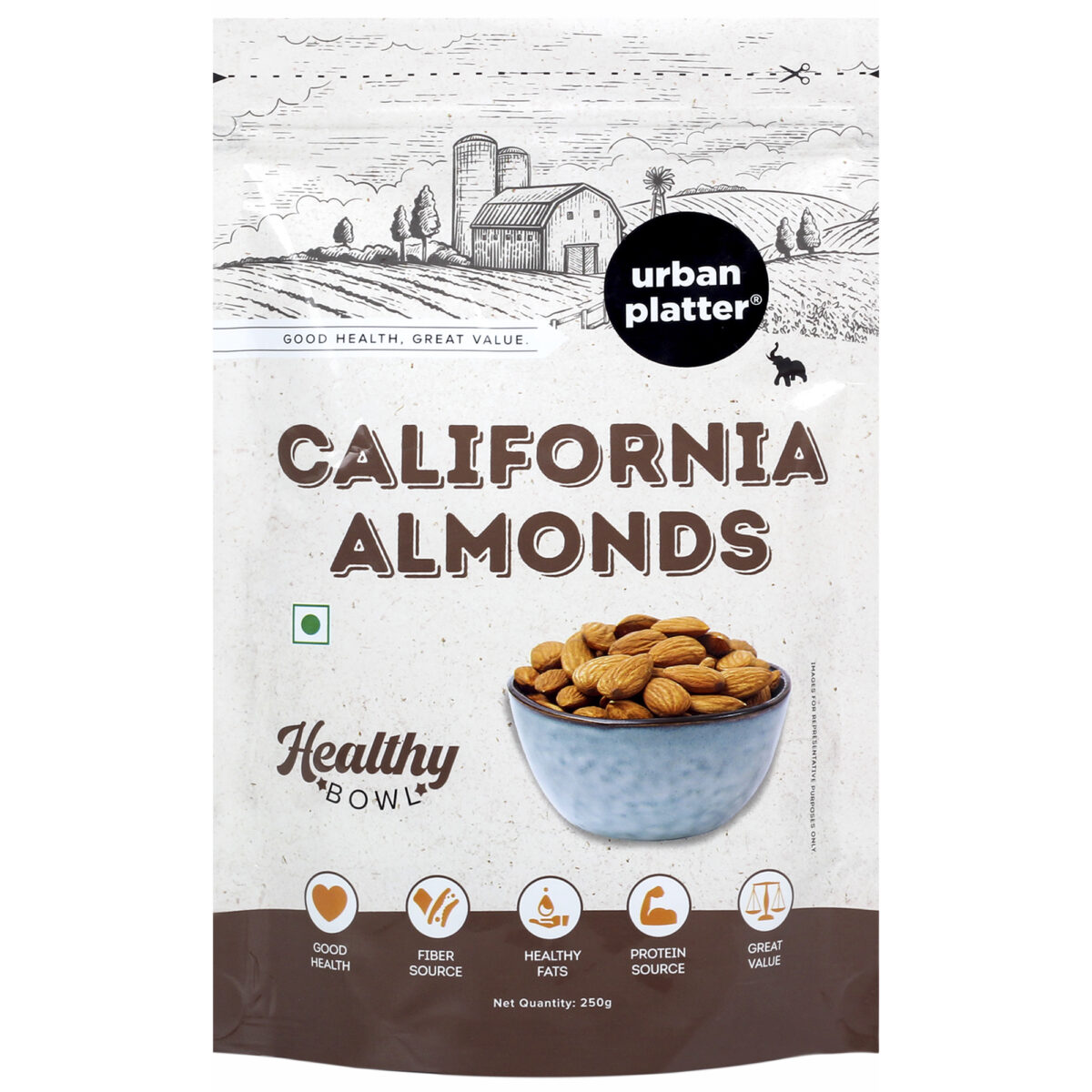 Urban Platter Healthy Bowl Raw California Almonds, 250g (Rich in Fibre | Rich in Protein)