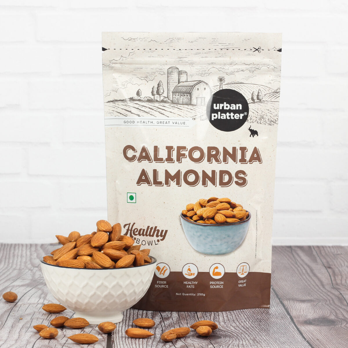 Urban Platter Healthy Bowl Raw California Almonds, 250g (Rich in Fibre | Rich in Protein)