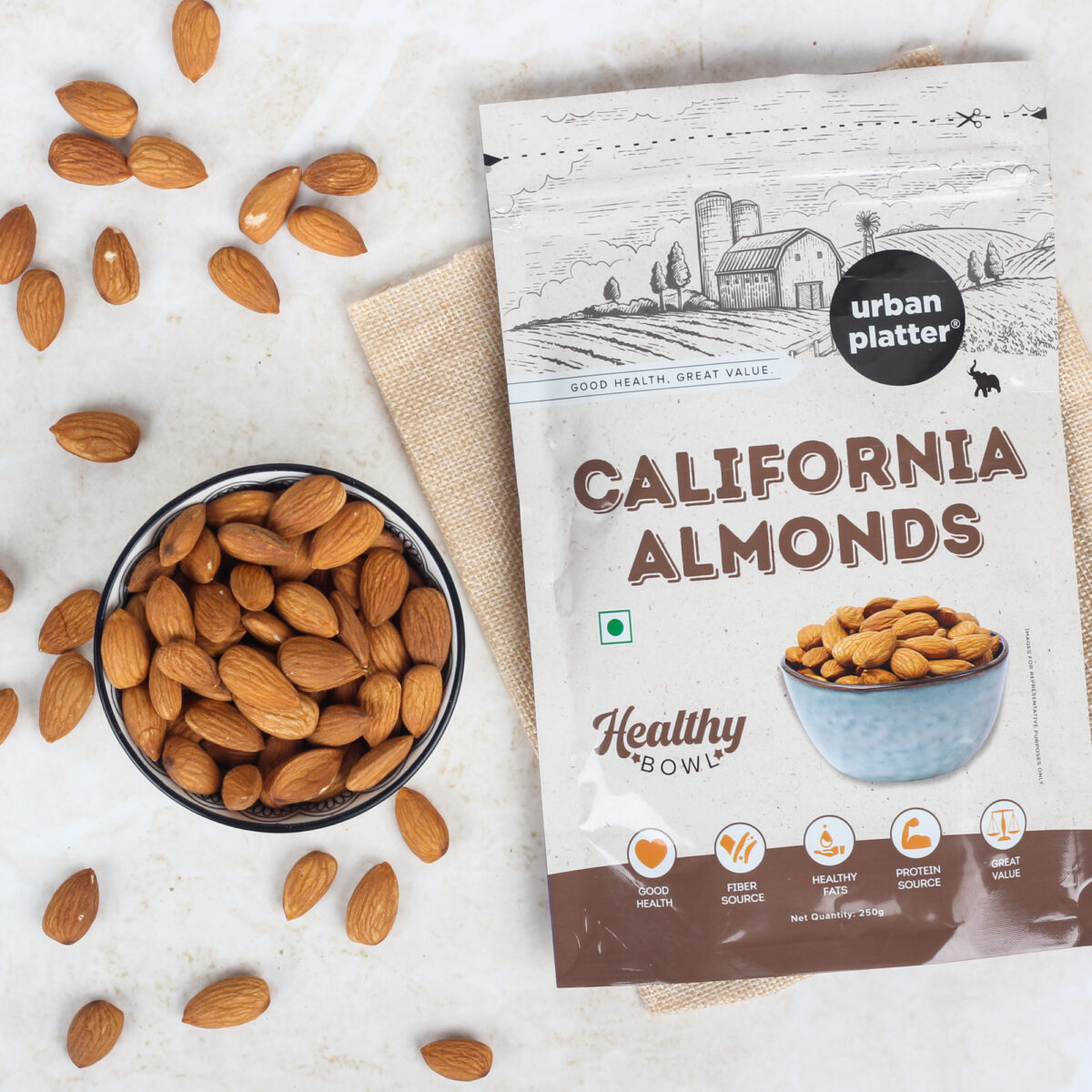 Urban Platter Healthy Bowl Raw California Almonds, 250g (Rich in Fibre | Rich in Protein)