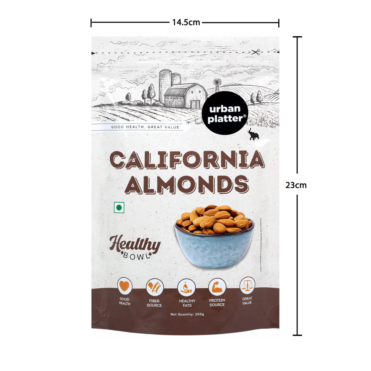 Urban Platter Healthy Bowl Raw California Almonds, 250g (Rich in Fibre | Rich in Protein)