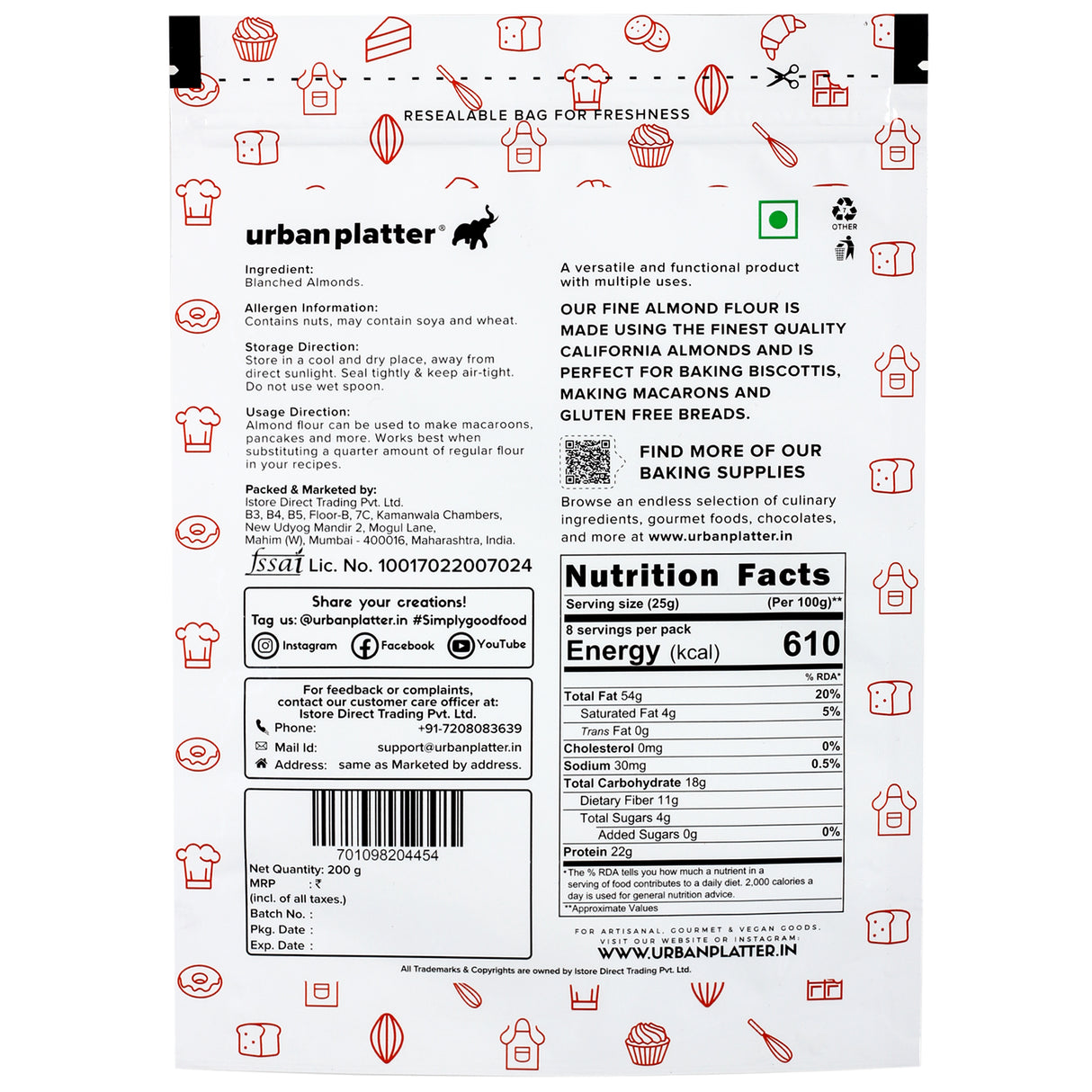Urban Platter Fine Almond Flour, (Naturally Gluten-Free | Blanched & Finely Milled | Low-Carb | Ideal for Baking & Keto Recipes)