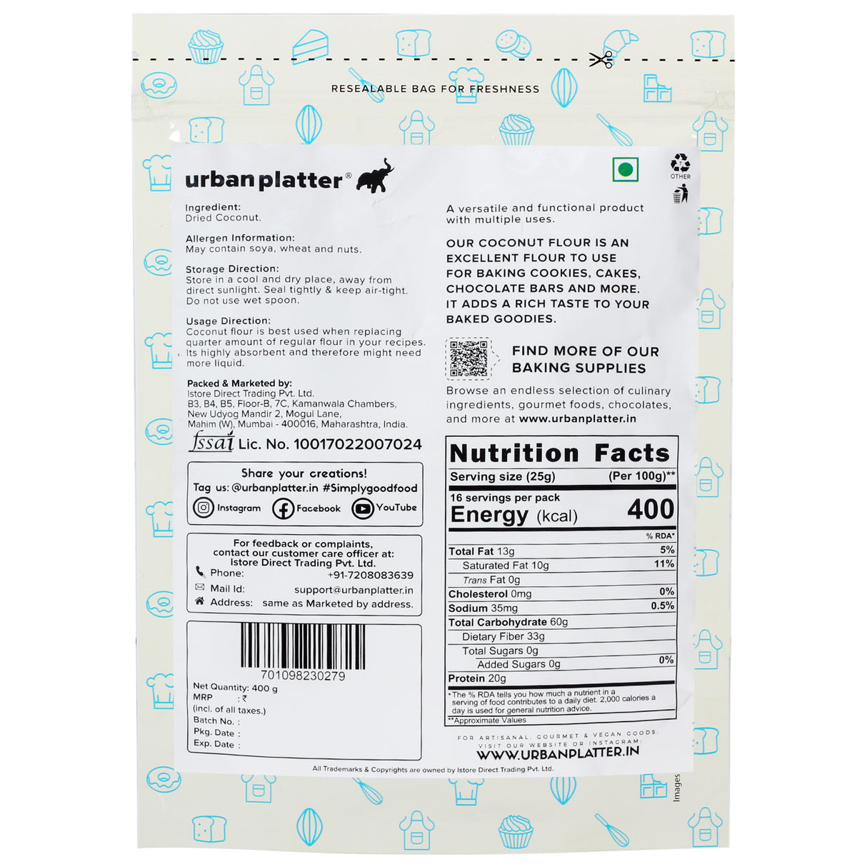 Urban Platter Coconut Flour, 400g [Made with Coconuts from Tamil Nadu, Naturally Gluten-free, Fiber-rich, Paleo friendly, Perfect for baking, making cookies]